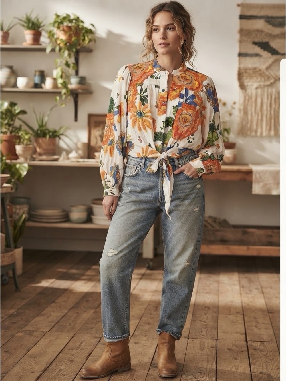 Anthropologie Artelier Nicole Miller Floral Boho Tie-Front Crop Blouse Size